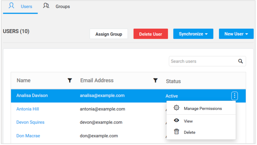 Users and groups can be managed. Permissions to view resources can be managed.