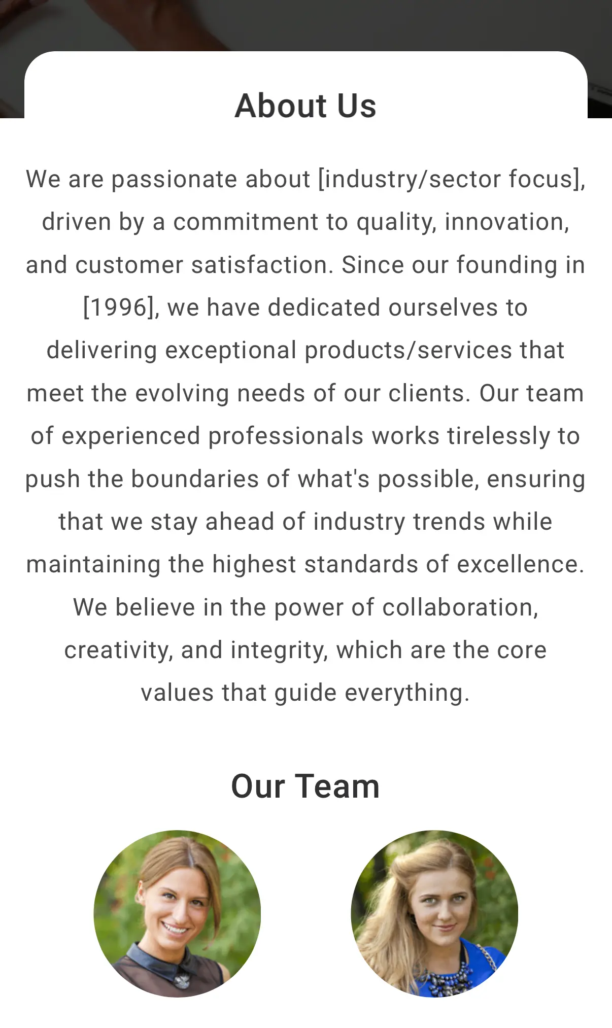 About us page with cards