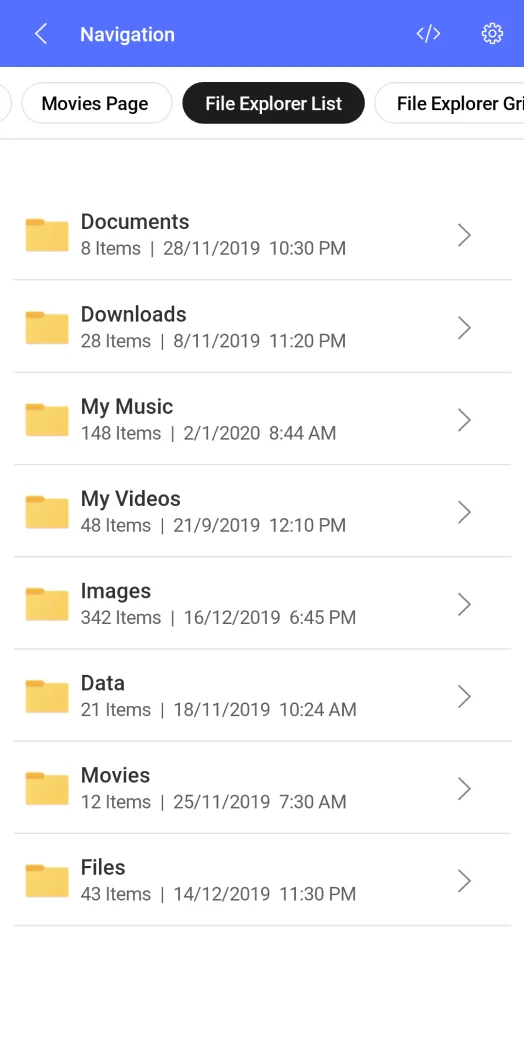 File explorer list