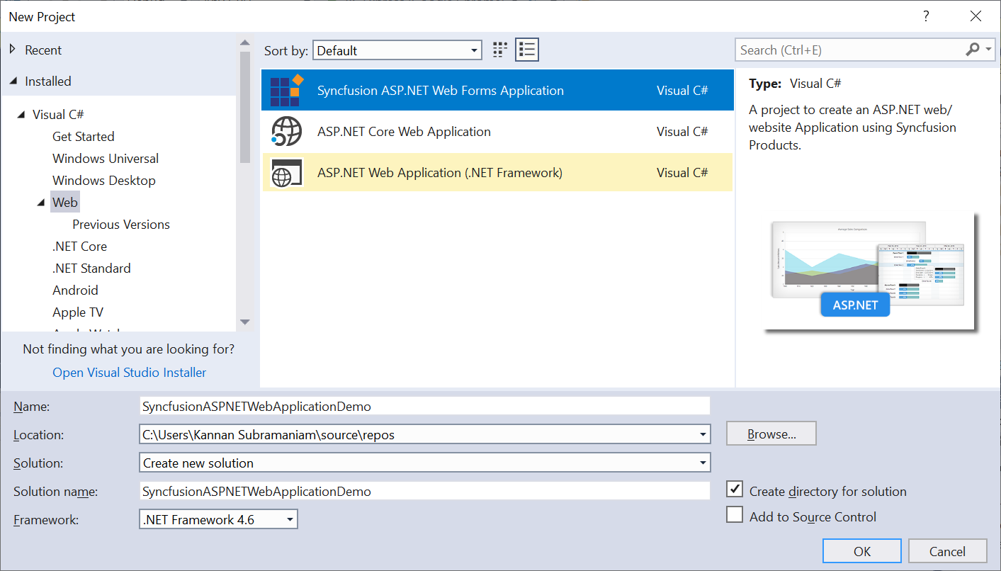 Syncfusion ASP.NET WebForms Extensions new project creation
