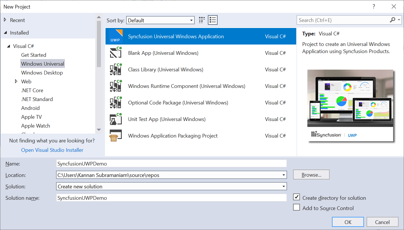Syncfusion UWP Extensions new project creation